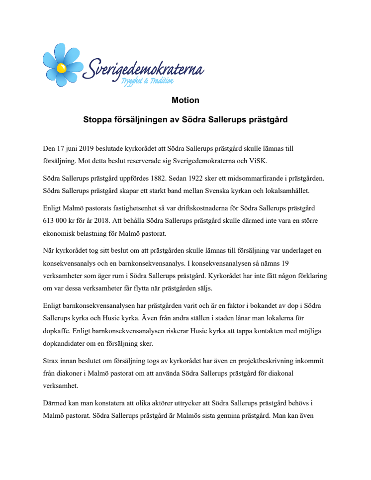 Stoppa försäljningen av Södra Sallerups prästgård
