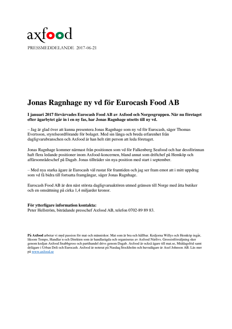      Jonas Ragnhage ny vd för Eurocash Food AB