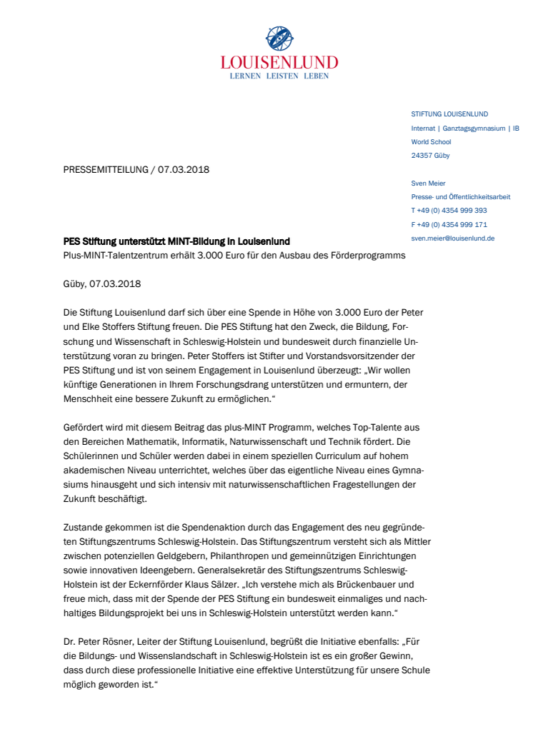 Pressemitteilung: Spendenübergabe PES Stiftung an Stiftung Louisenlund