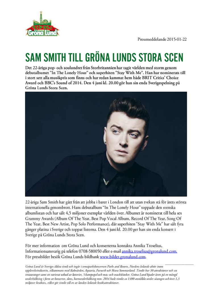 Sam Smith till Gröna Lunds Stora Scen