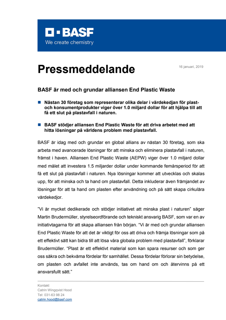BASF medgrundare av alliansen End Plastic Waste