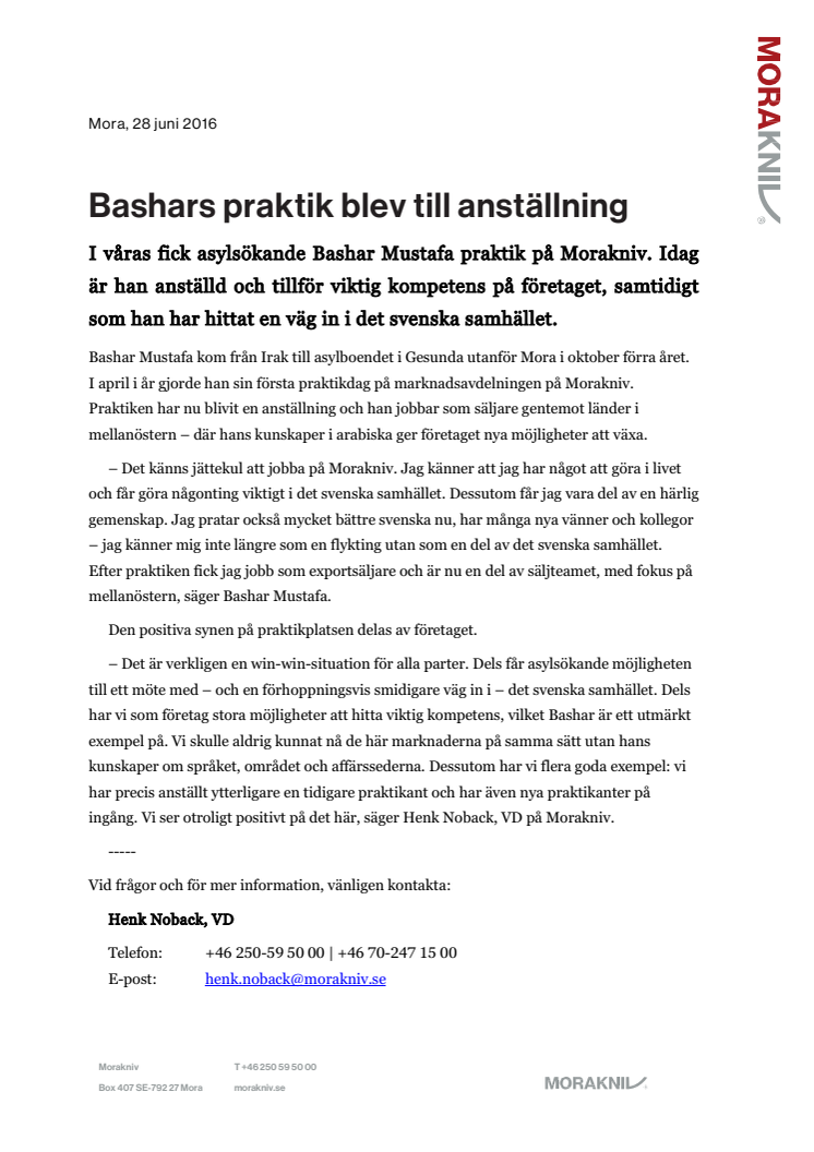 Bashars praktik blev till anställning