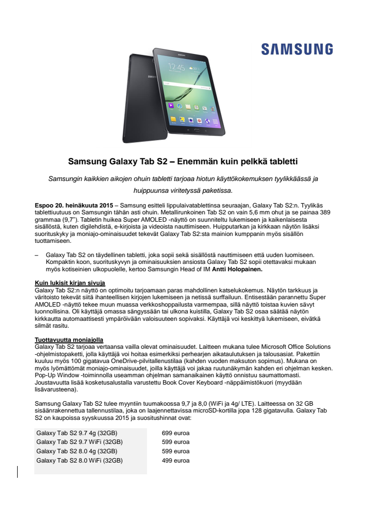 Samsung Galaxy Tab S2 – Enemmän kuin pelkkä tabletti