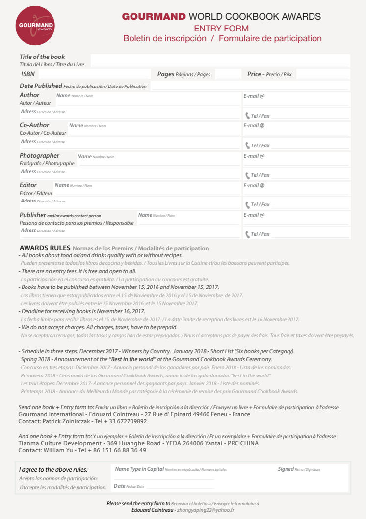 Entry form Gourmand Awards 2018