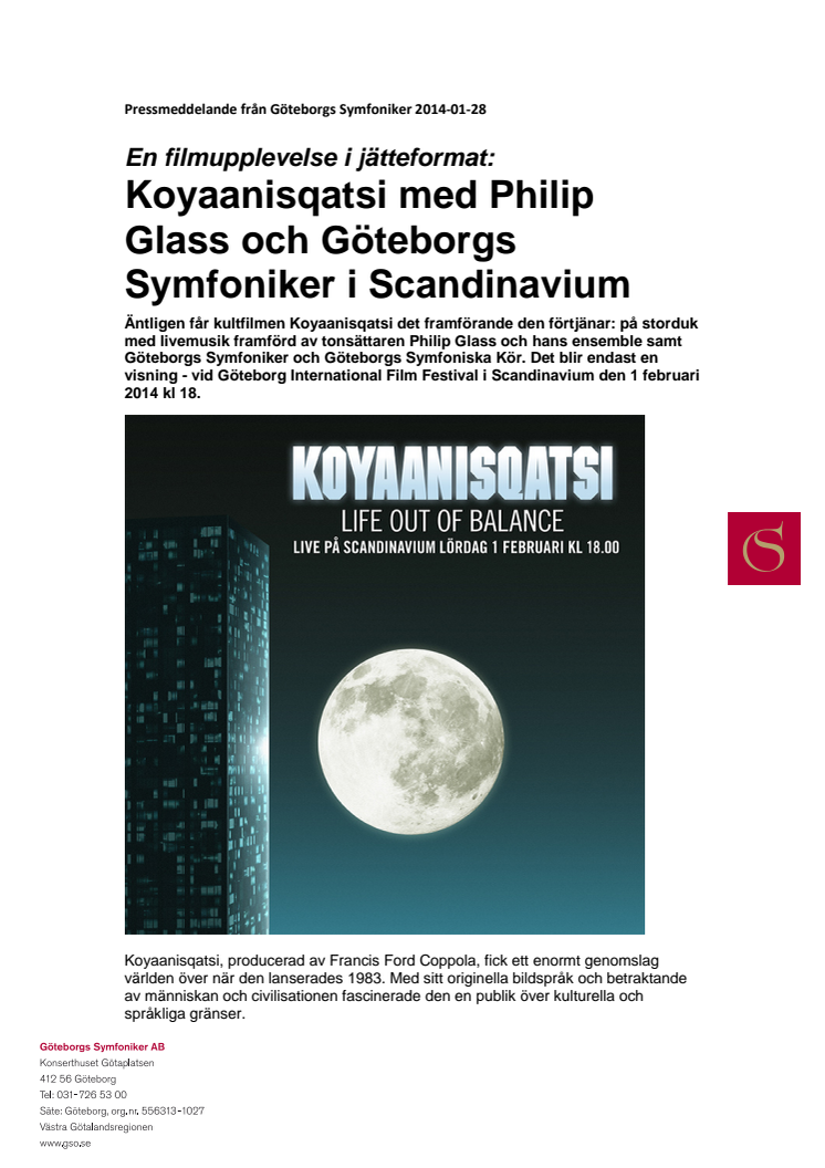 Koyaanisqatsi med Philip Glass och Göteborgs Symfoniker i Scandinavium