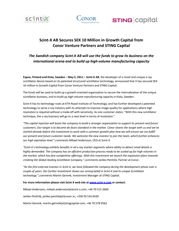 Scint-X AB Secures SEK 10 Million in Growth Capital from Conor Venture Partners and STING Capital