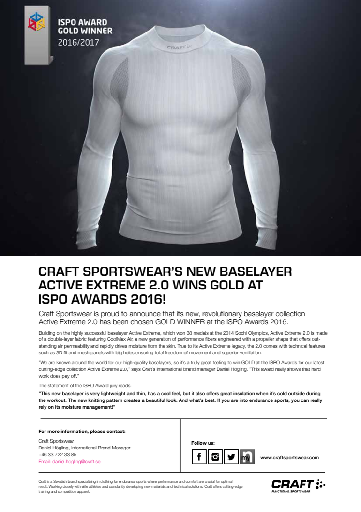 Craft Sportswear's new baselayer Active Extreme 2.0 wins GOLD at ISPO Awards 2016!