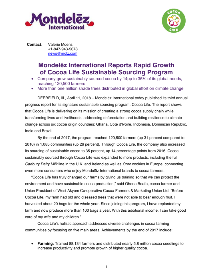 Mondelēz International Reports Rapid Growth of Cocoa Life Sustainable Sourcing Program