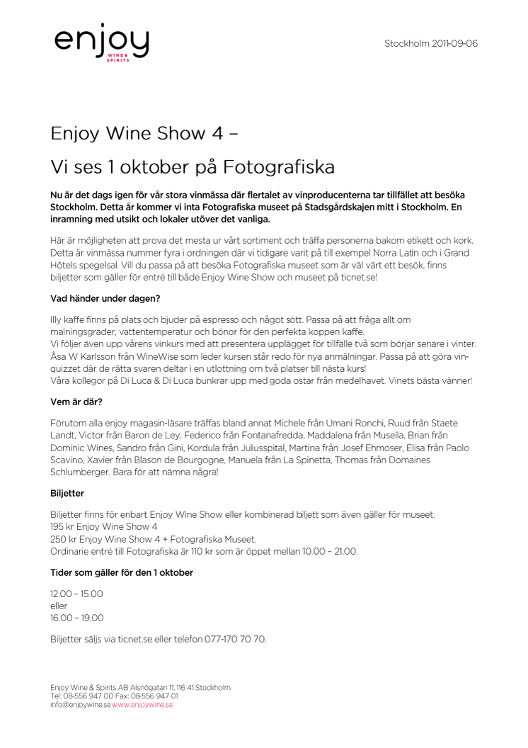 Enjoy Wine Show 4 –Vi ses 1 oktober på Fotografiska
