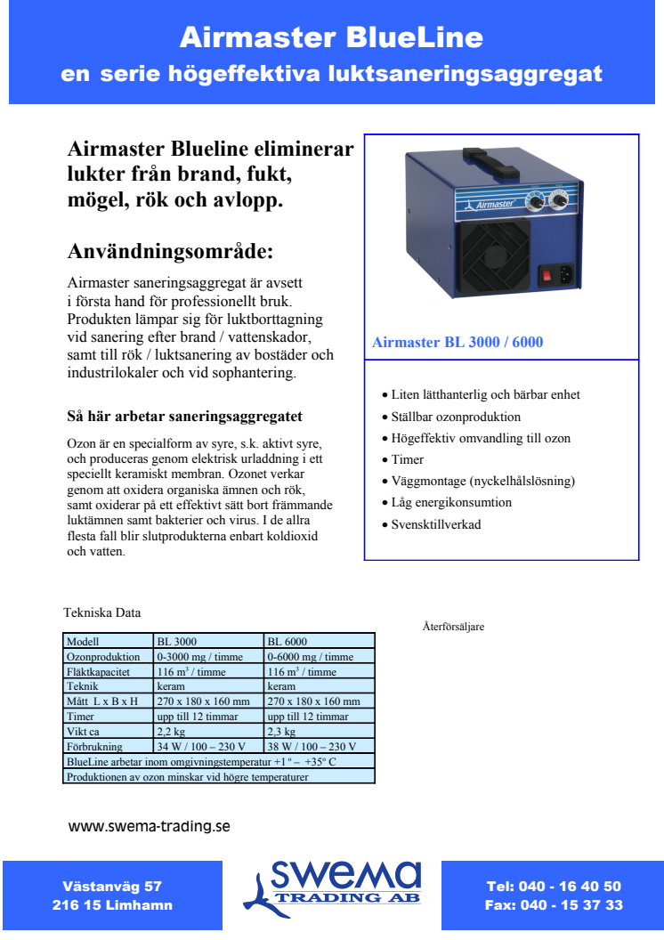 Airmaster BlueLine BL 3000-6000, produktblad