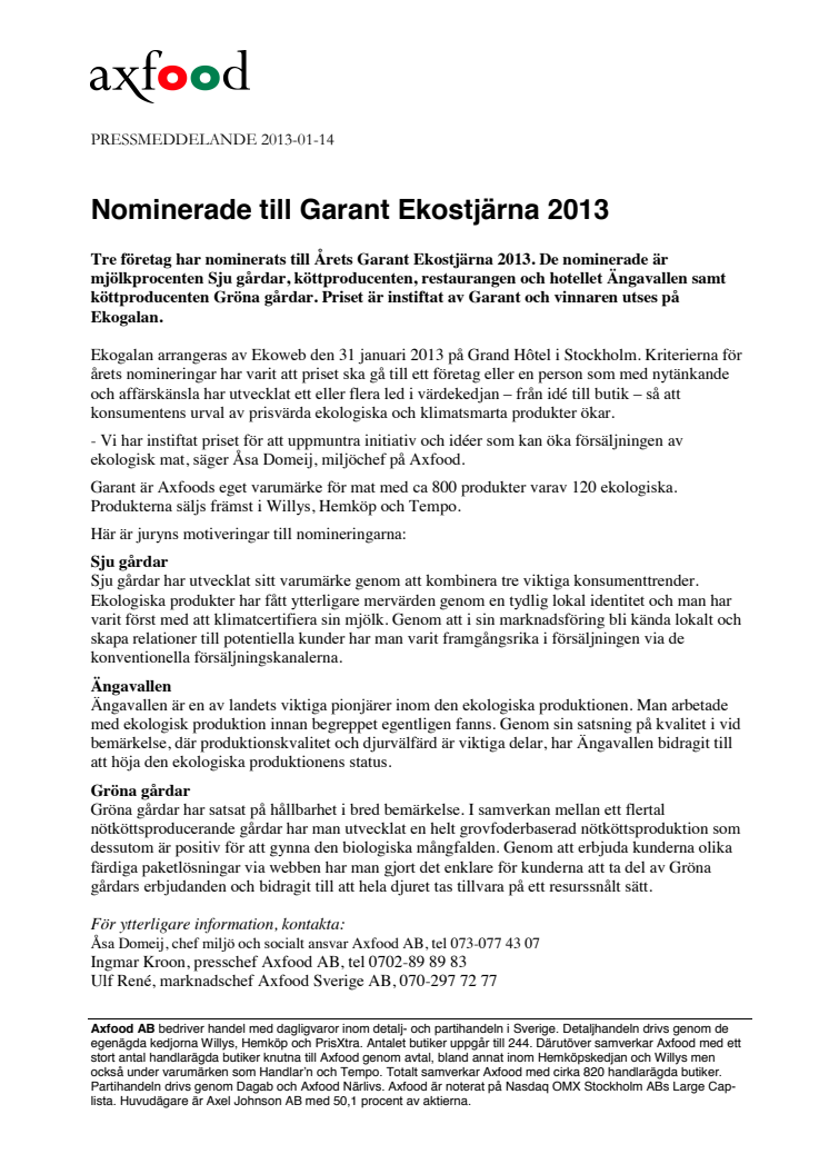 Nominerade till Garant Ekostjärna 2013 