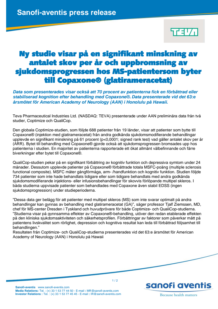 Ny studie visar på en signifikant minskning av antalet skov per år och uppbromsning av sjukdomsprogressen hos MS-patientersom byter till Copaxone® (glatirameracetat) 