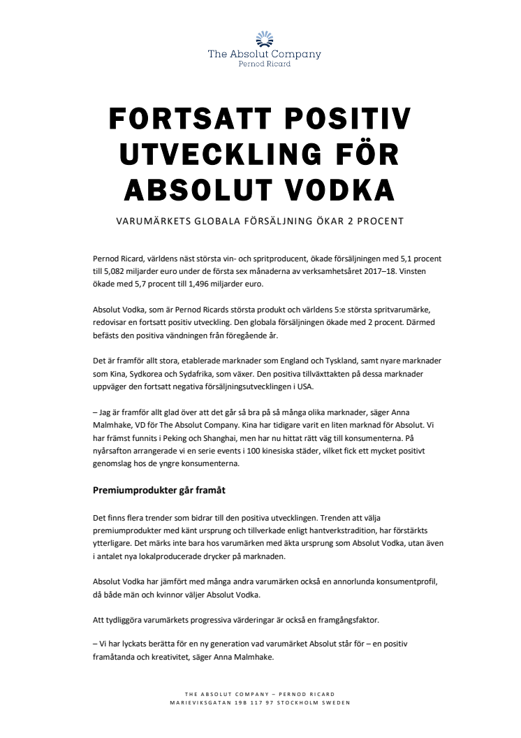 Fortsatt positiv utveckling för Absolut Vodka