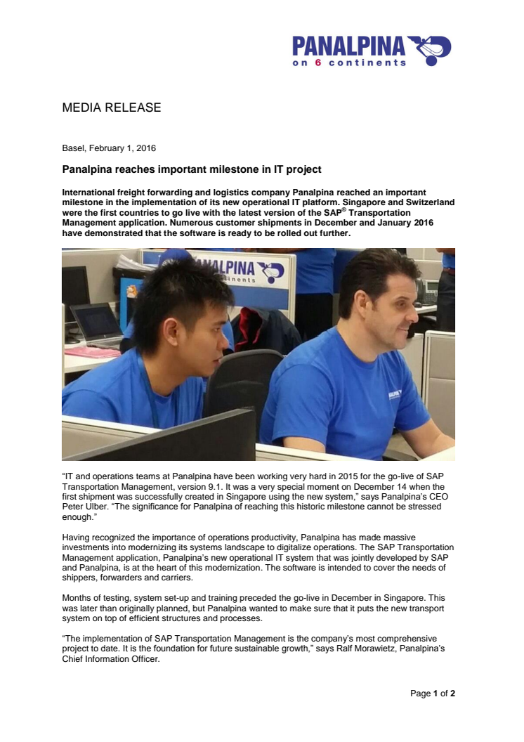 Panalpina reaches important milestone in IT project