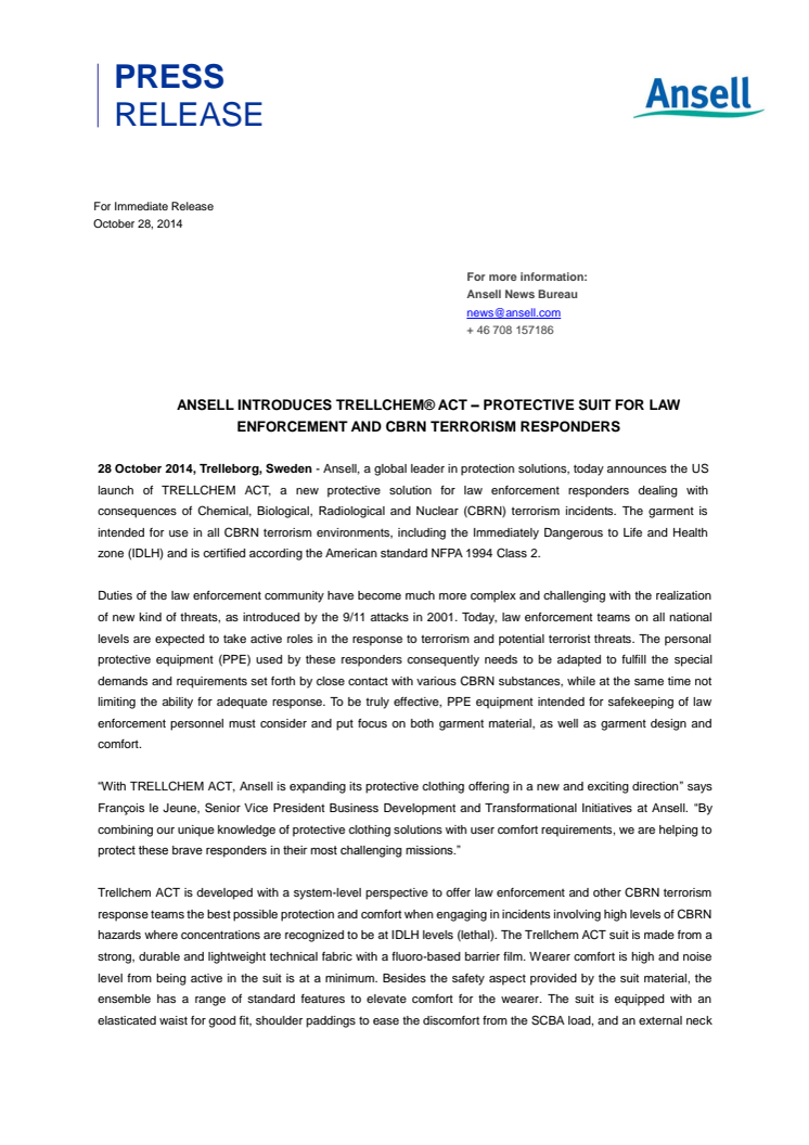 ANSELL INTRODUCES TRELLCHEM® ACT – PROTECTIVE SUIT FOR LAW ENFORCEMENT AND CBRN TERRORISM RESPONDERS