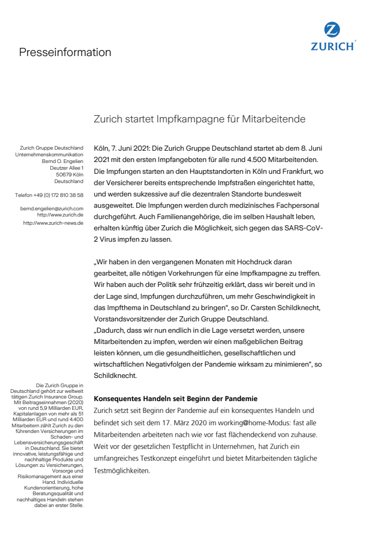 Zurich startet Impfkampagne für Mitarbeitende