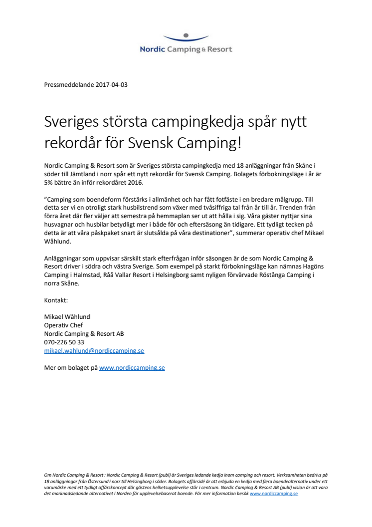 Sveriges största campingkedja spår nytt rekordår för Svensk Camping!