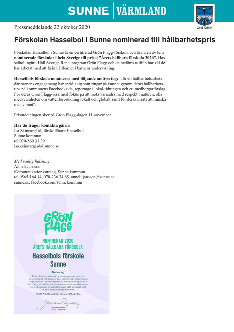 Förskolan Hasselbol i Sunne nominerad till hållbarhetspris