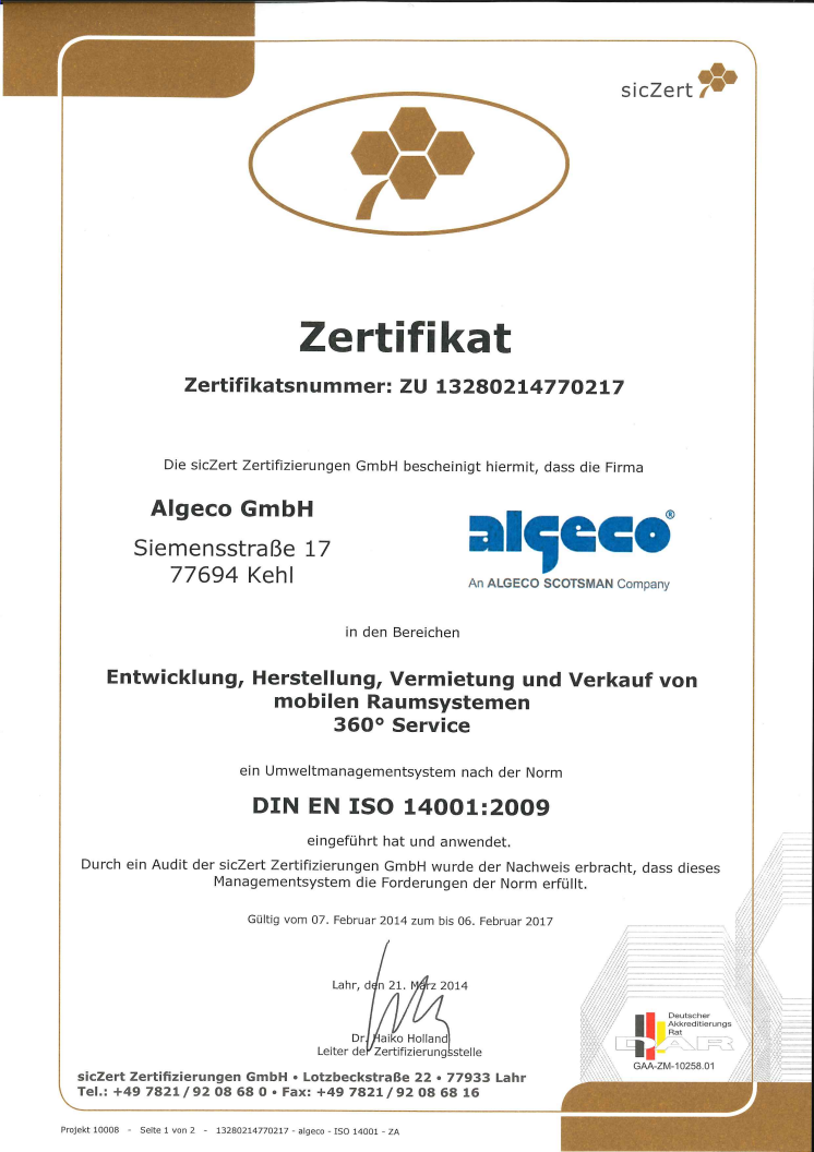 Algeco nach DIN EN ISO 14001 zertifiziert