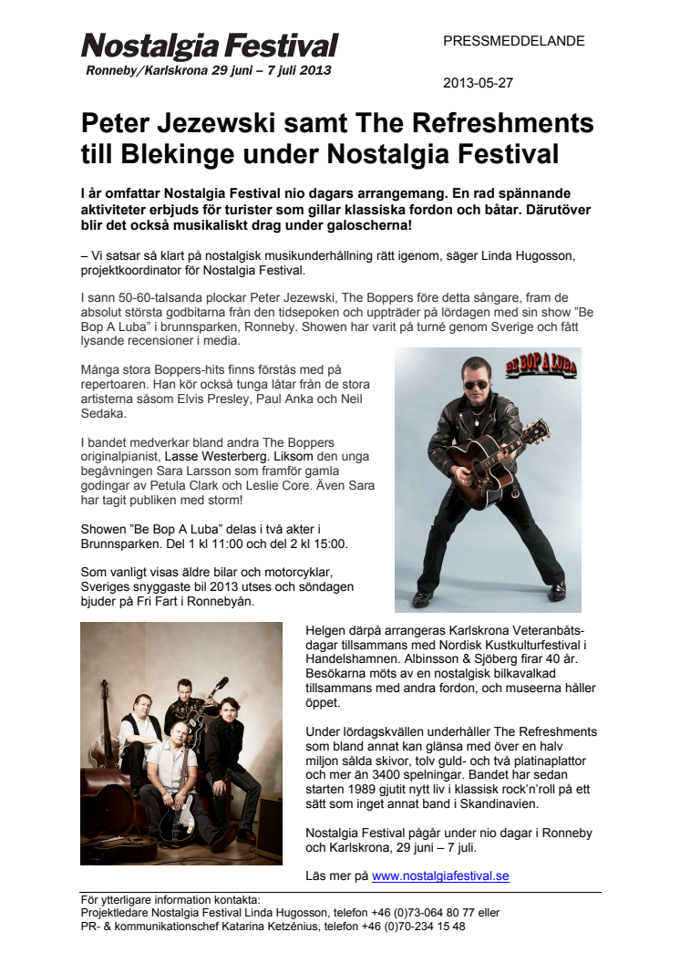 Peter Jezewski samt The Refreshments  till Blekinge under Nostalgia Festival