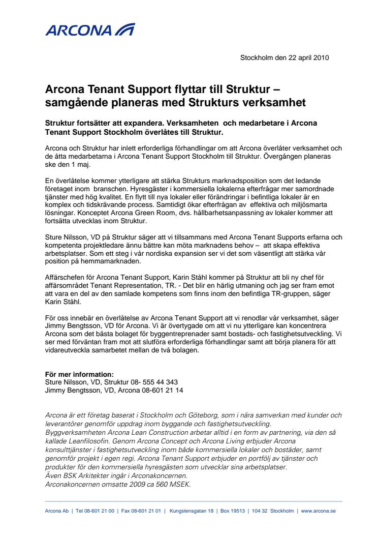 Arcona Tenant Support flyttar till Struktur - samgående planeras med Strukturs verksamhet