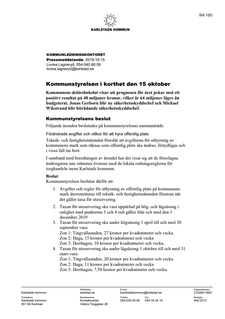 Kommunstyrelsen i korthet den 15 oktober