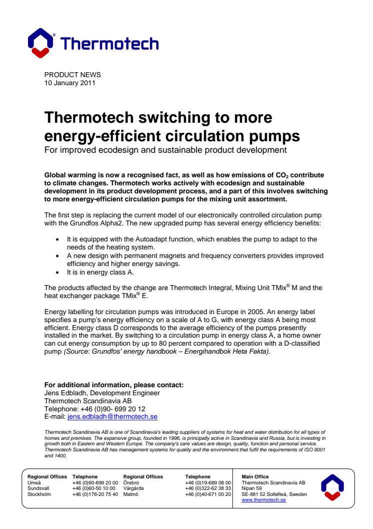 Thermotech switching to more energy-efficient circulation pumps 