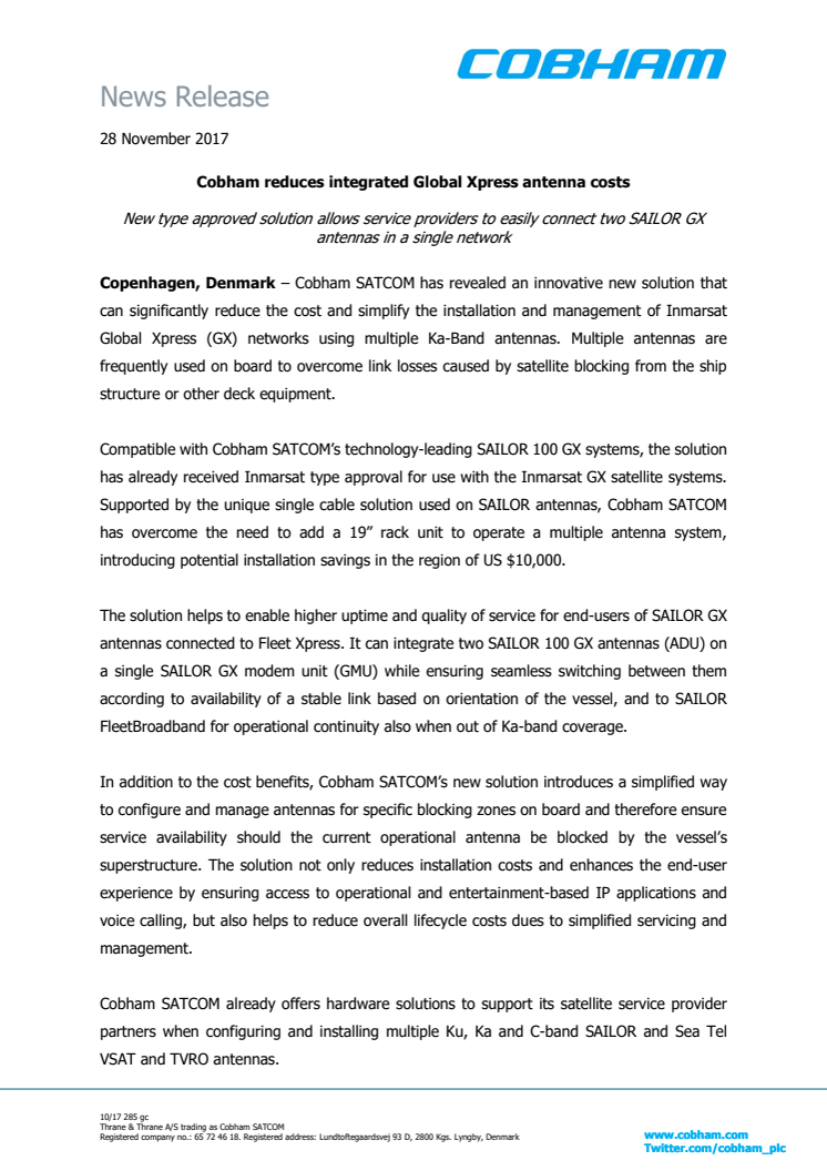 Cobham SATCOM: Cobham reduces integrated Global Xpress antenna costs