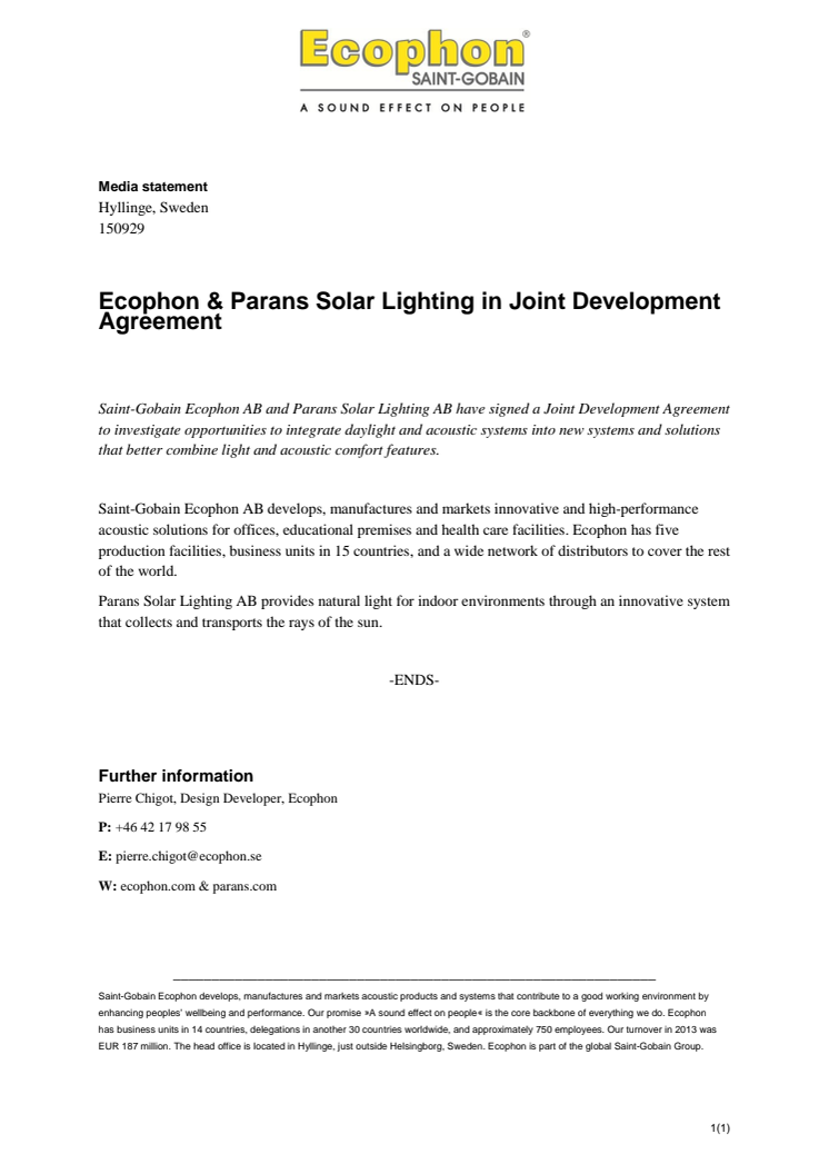 Ecophon & Parans Solar Lighting in Joint Development Agreement