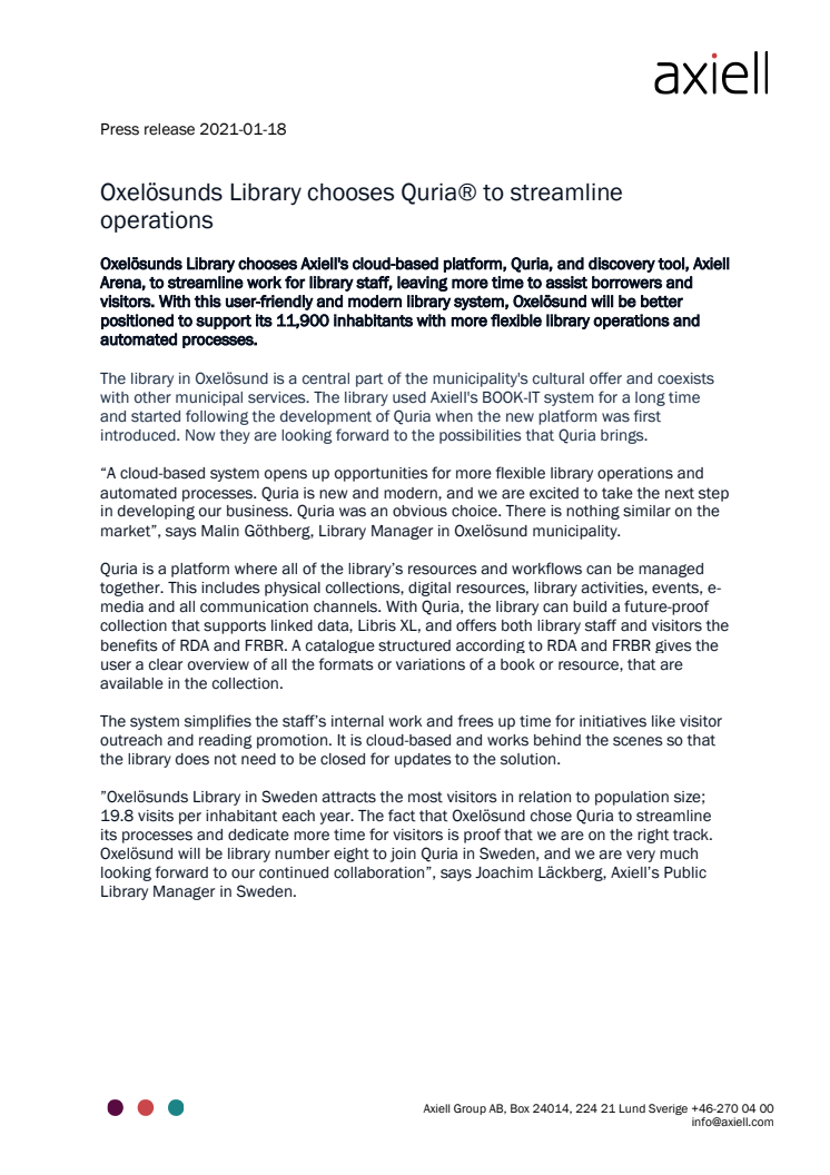 Oxelösunds Library chooses Quria® to streamline operations