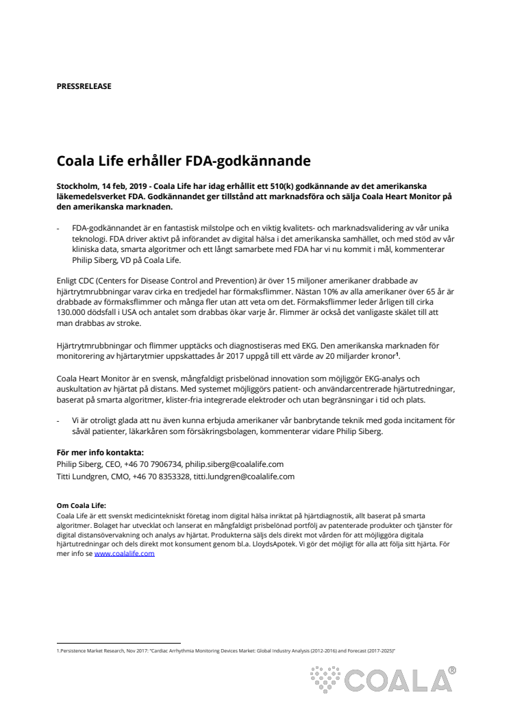 Coala Life erhåller FDA-godkännande