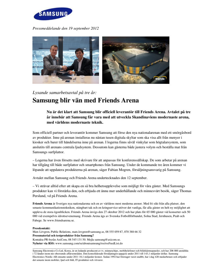 Lysande samarbetsavtal på tre år: Samsung blir vän med Friends Arena