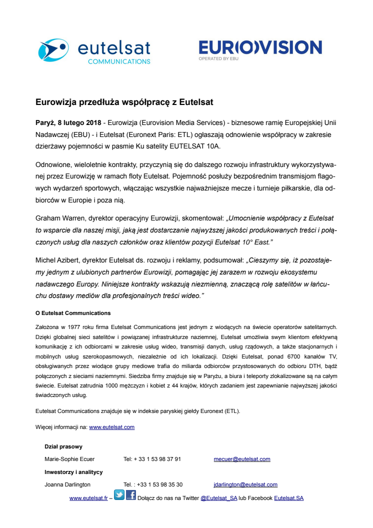 Eurowizja przedłuża współpracę z Eutelsat