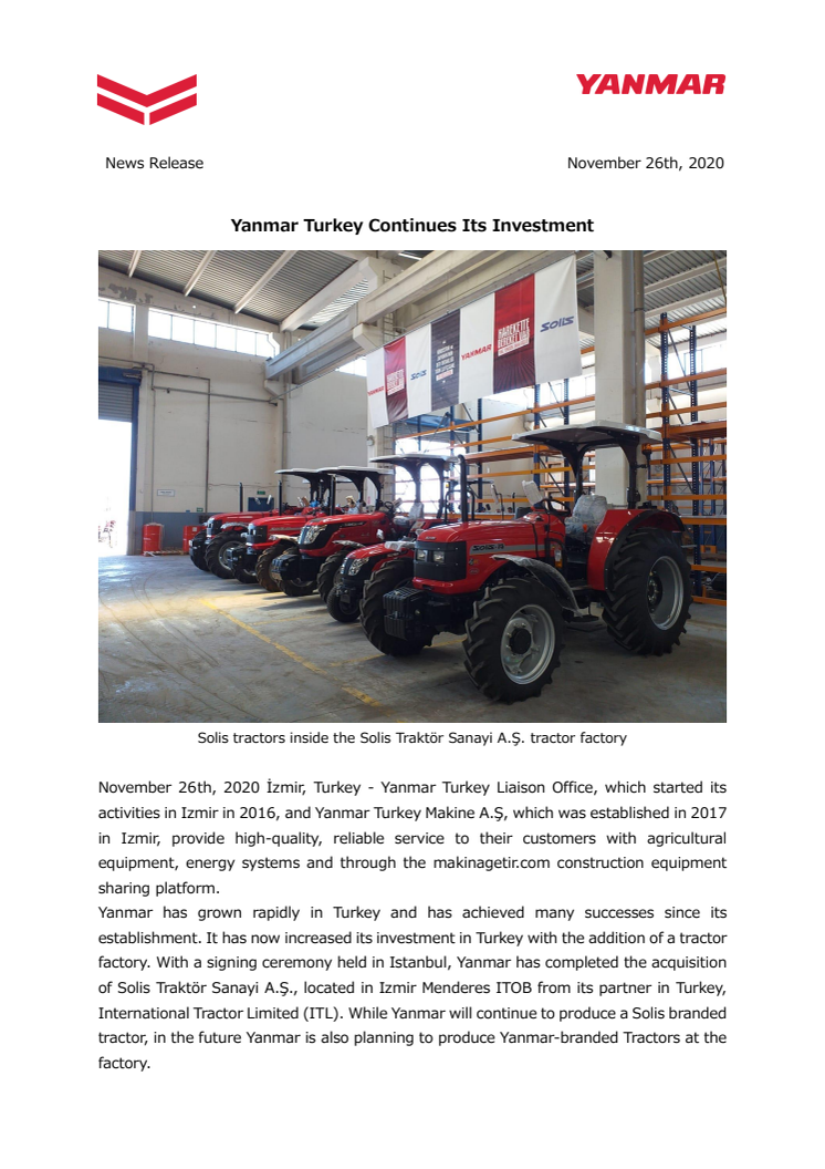 Yanmar Turkey Continues Its Investment