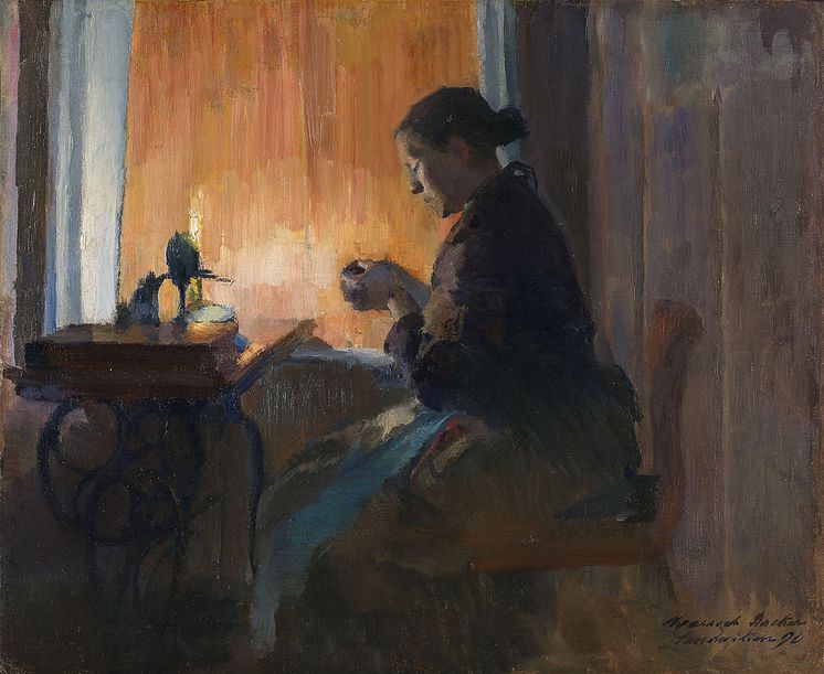 Harriet Backer, «Syende kvinne ved lampelys», 1890