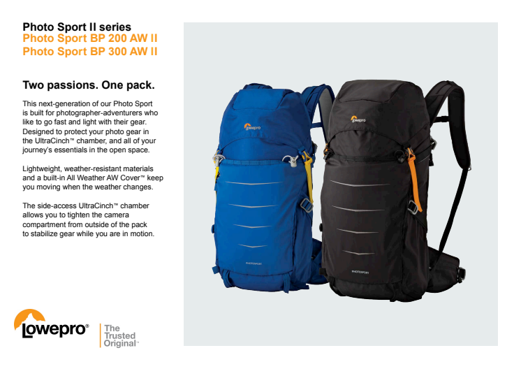 Lowepro Photo Sport II, produktspesifikasjoner