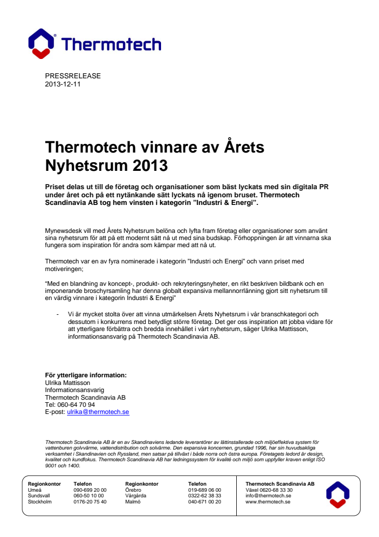 Thermotech vinnare av Årets Nyhetsrum 2013