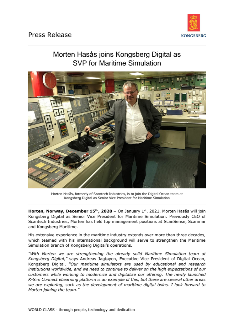 Morten Hasås joins Kongsberg Digital as SVP for Maritime Simulation