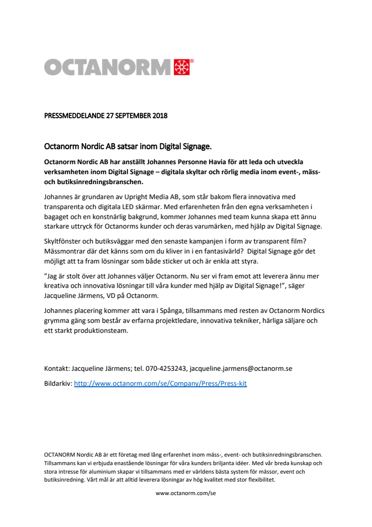 Octanorm Nordic AB satsar inom Digital Signage.