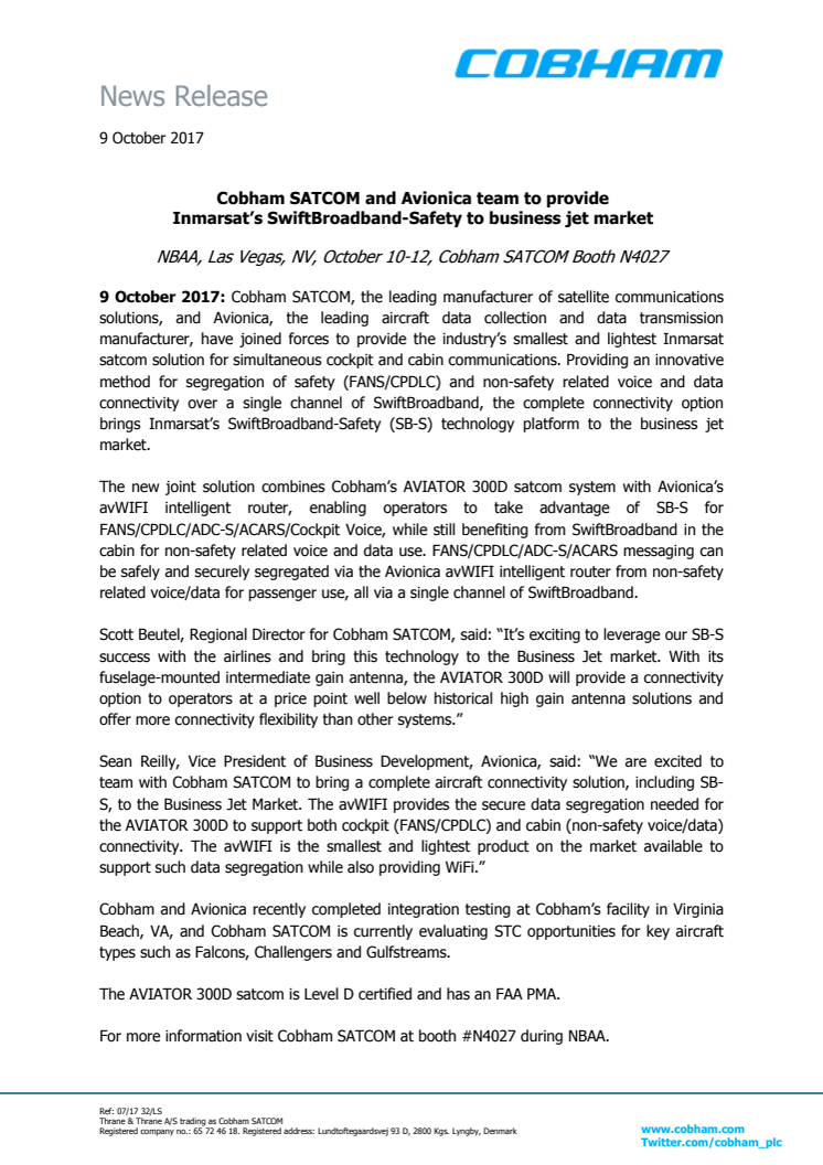 Cobham SATCOM and Avionica team to provide  Inmarsat’s SwiftBroadband-Safety to business jet market