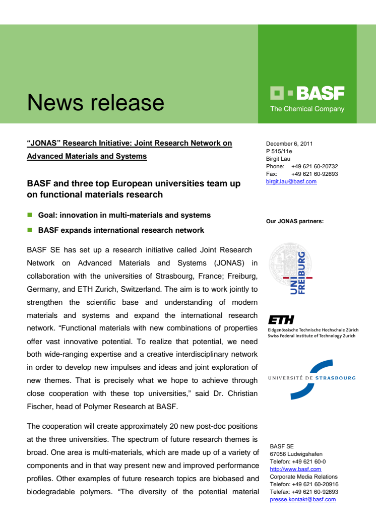 BASF og anerkendte europæiske universiteter starter samarbejde om forskning af funktionelle materialer