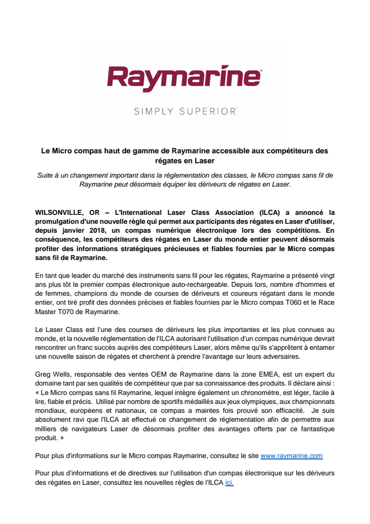 Raymarine: Le Micro compas haut de gamme de Raymarine accessible aux compétiteurs des régates en Laser