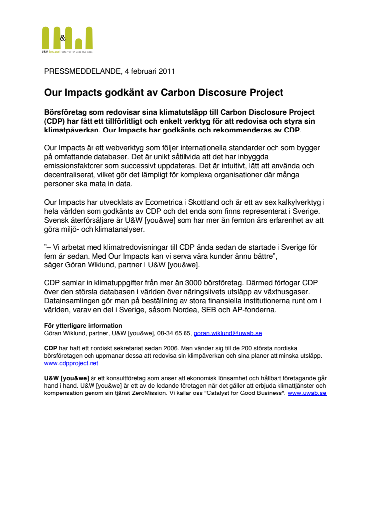 Our Impacts godkänt av Carbon Discosure Project