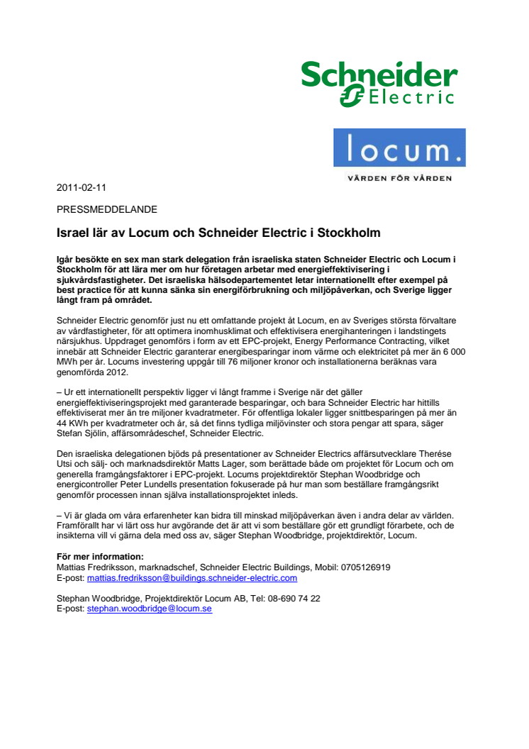 Israel lär av Locum och Schneider Electric i Stockholm
