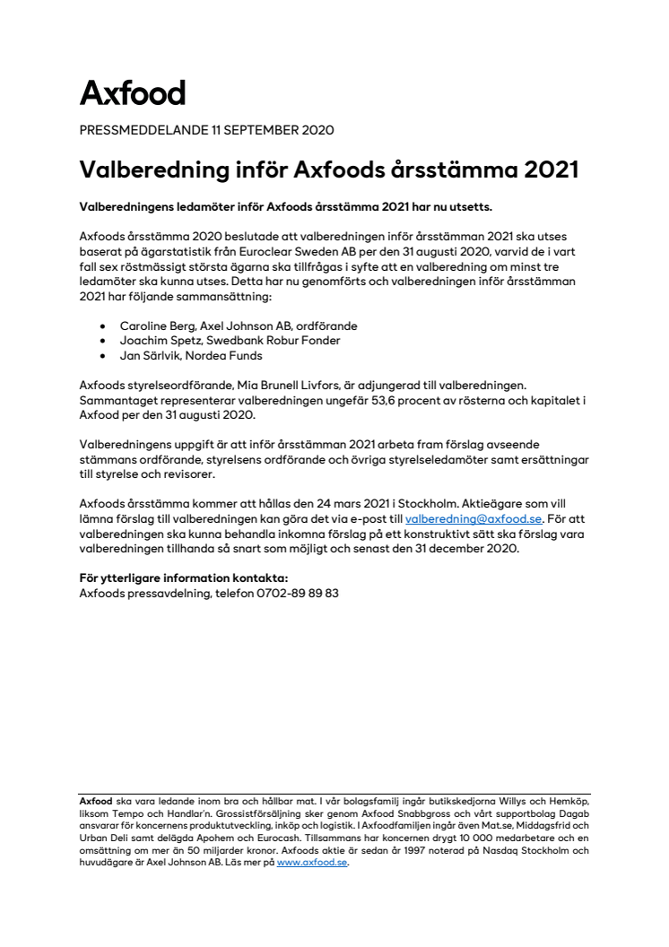 Valberedning inför Axfoods årsstämma 2021