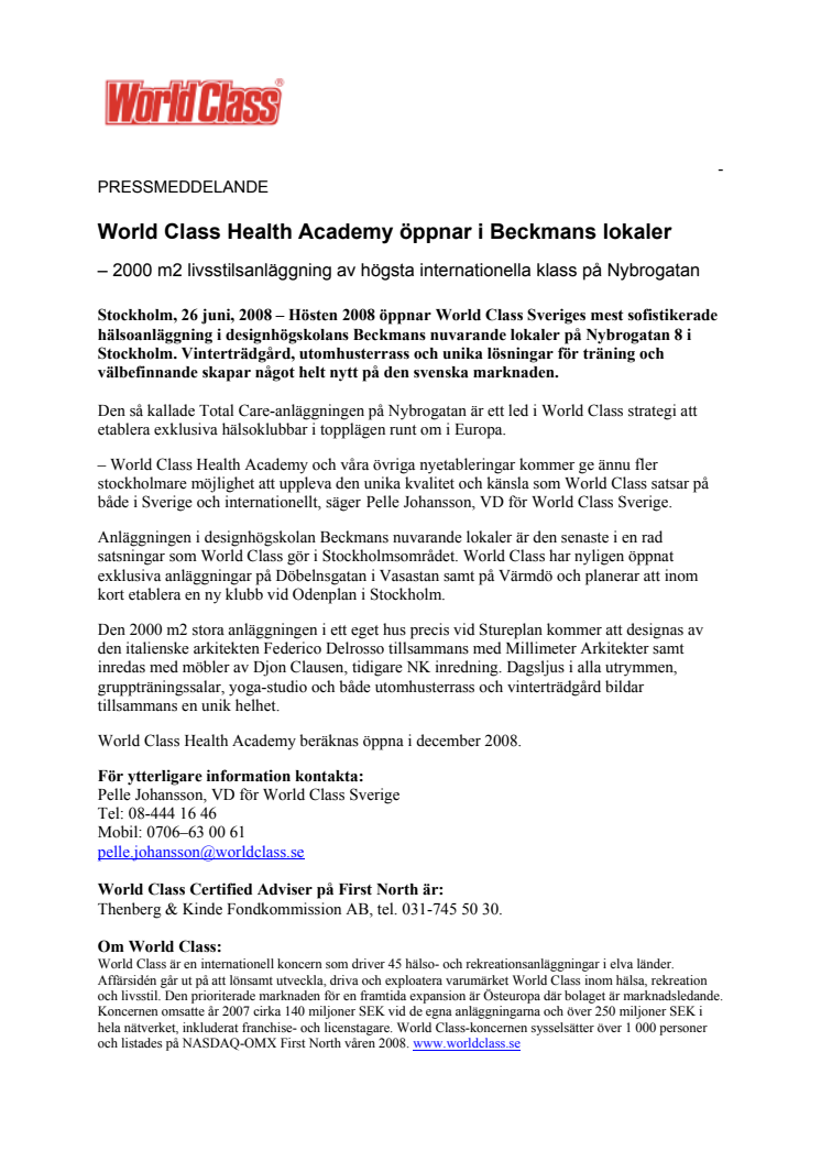 WORLD CLASS HEALTH ACADEMY ÖPPNAR I BECKMANS LOKALER