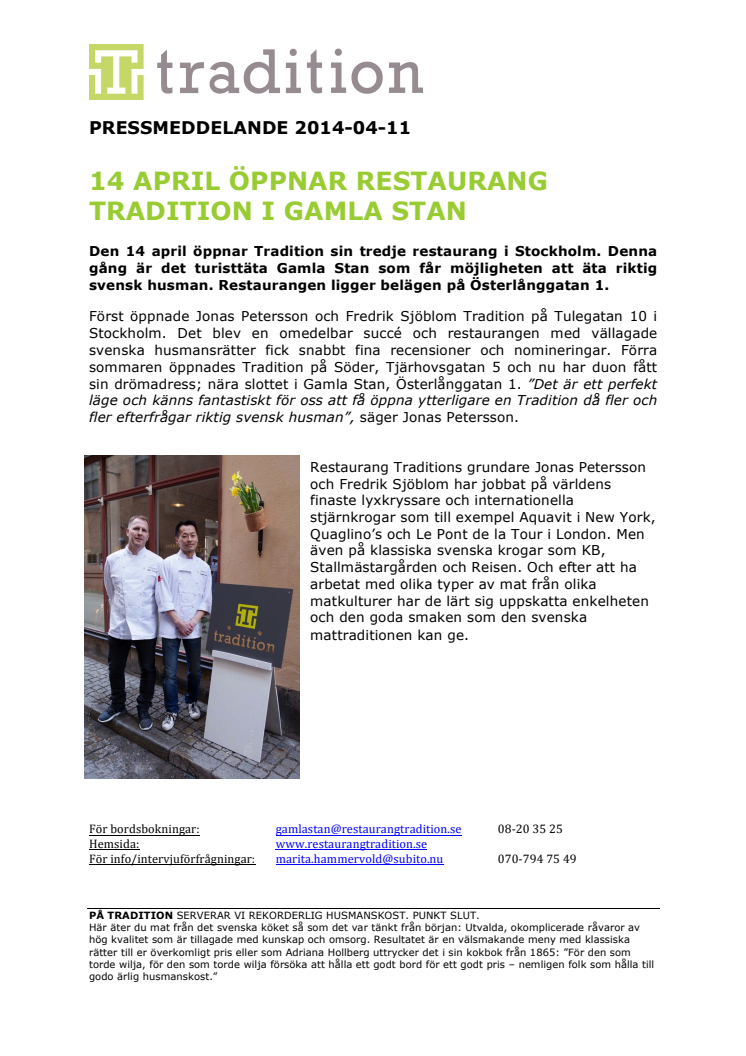 14 april öppnar Restaurang Tradition i Gamla stan