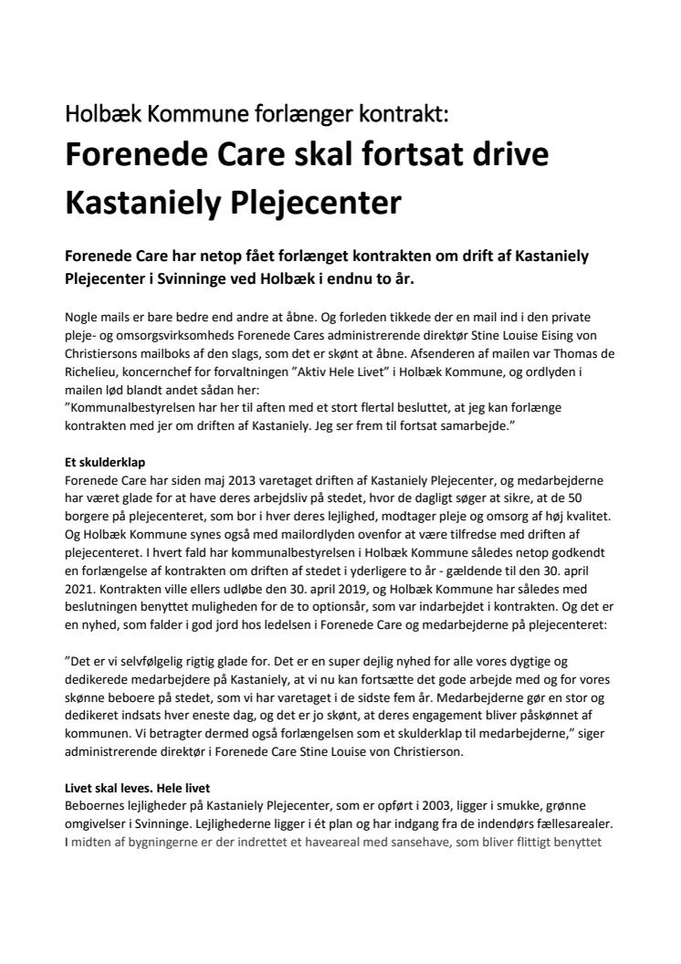 Holbæk Kommune forlænger kontrakt: Forenede Care skal fortsat drive Kastaniely Plejecenter 