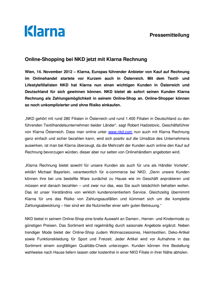 Online-Shopping bei NKD jetzt mit Klarna Rechnung