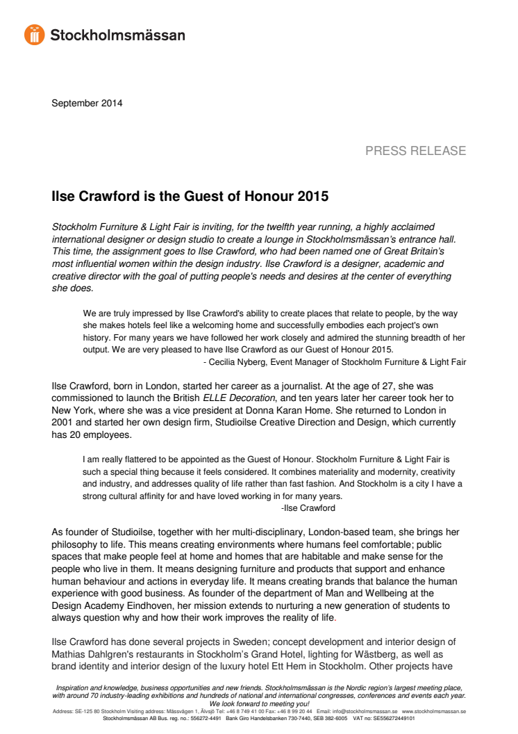Ilse Crawford is the Guest of Honour 2015